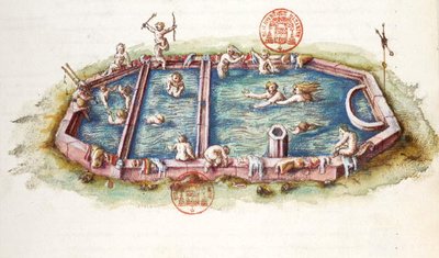 Ms 3243 The Baths of Nerys at Neris-les-Bains ، رسم توضيحي من 'Generale Description du Bourbonnais' بقلم نيكولاس دي نيكولاي بواسطة المدرسة الفرنسية
