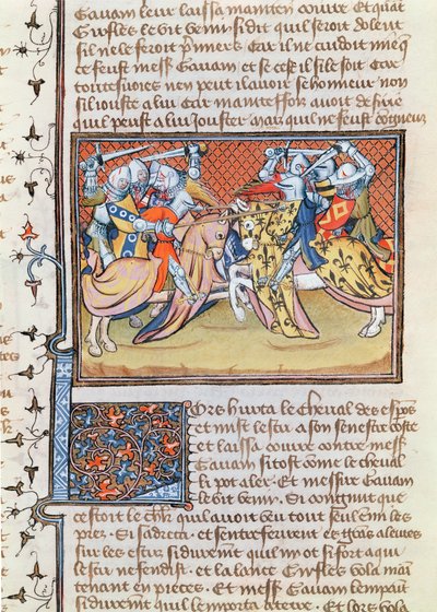 Ms 3479 t.1 fol.539 عندما تتصادم الخيول من Livre de Messire Lancelot du Lac بواسطة المدرسة الفرنسية