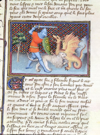 السيدة 3480 Yvain ، الفارس مع الأسد ، تقاتل تنينًا ، مصغرًا من Roman de Lancelot بواسطة المدرسة الفرنسية