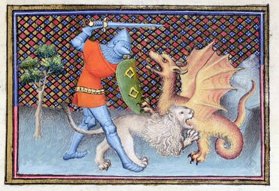 السيدة 3480 Yvain ، الفارس مع الأسد ، تقاتل تنينًا ، مصغرًا من Roman de Lancelot ، التفاصيل بواسطة المدرسة الفرنسية