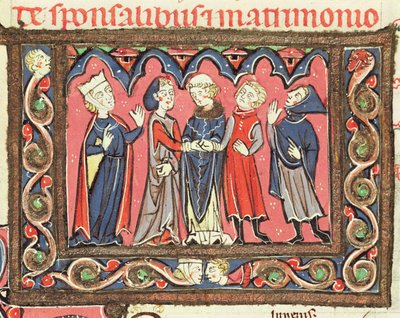 Ms 364 fol.166 زواج ، رسم توضيحي من تعليقات يوهانس أندريا على Decretals البابوية بواسطة المدرسة الفرنسية
