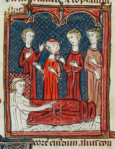 Ms 372 fol.165v رجل في مريضه من ديكريتس دي جراتين بواسطة المدرسة الفرنسية
