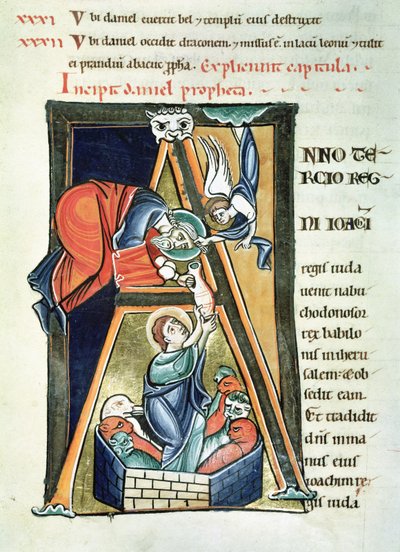 السيدة 3 fol.233 بداية تاريخية A تصور دانيال في دين الأسود ، من الكتاب المقدس de Saint-Sulpice de Bourges بواسطة المدرسة الفرنسية