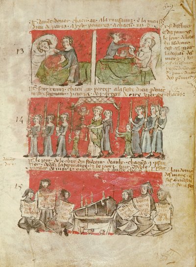 Ms 406 fol.6 مشاهد من حياة طلاب كلية هوبانت أو أفي ماريا ، من الأنظمة الأساسية لكلية هوبانت ، باريس ، 1387 بواسطة المدرسة الفرنسية
