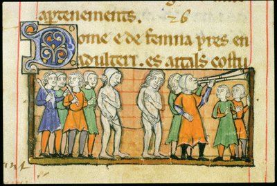 السيدة 41 f.42v معاقبة اثنين من الزناة عن طريق موكب عاري عبر المدينة ، من Livre Juratiore dAgen بواسطة المدرسة الفرنسية