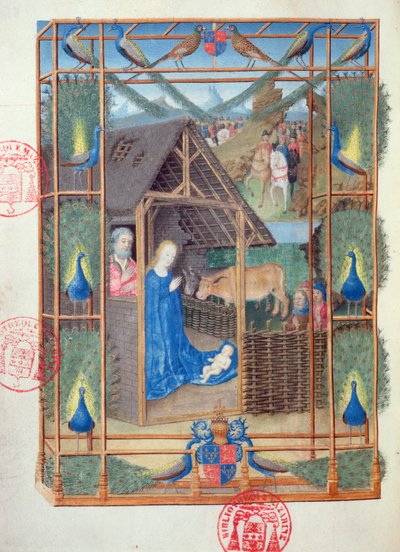 السيدة 473 الميلاد مع الطاووس ، صورة مصغرة من Heures de Charles de France ، c.1466-69 بواسطة المدرسة الفرنسية
