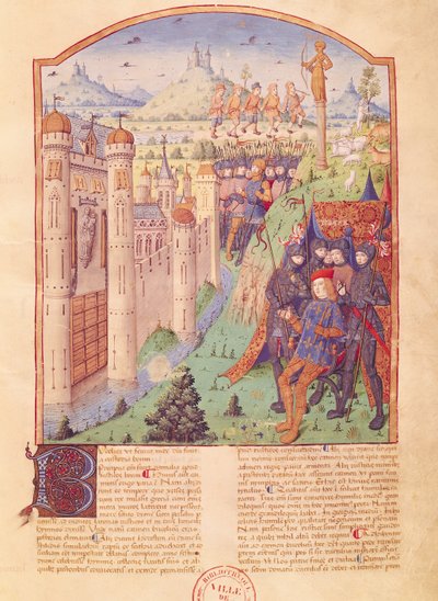 السيدة 493 fol.1r أعمال فيرجيل مع تعليق من Servius ، The Bucolics ، الملك جالسًا على عرشه محاطًا بحراسه أمام بلدة محصنة ، فرنسا ، 1469 بواسطة المدرسة الفرنسية