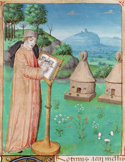 السيدة 493 fol.45 فيرجيل (70-19 قبل الميلاد) كتابة حياة النحل ، من The Georgics by Virgil مع تعليق من Servius ، 1469 بواسطة المدرسة الفرنسية