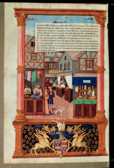 Ms 5062 fol.149v شارع فيه متاجر وشعار النبالة لروبرت ستيوارت ، مارشال دي أوبيجني لوكريس ، من ليفر دي جوفيرمينت دي برينس بقلم جيل دي روما بواسطة المدرسة الفرنسية
