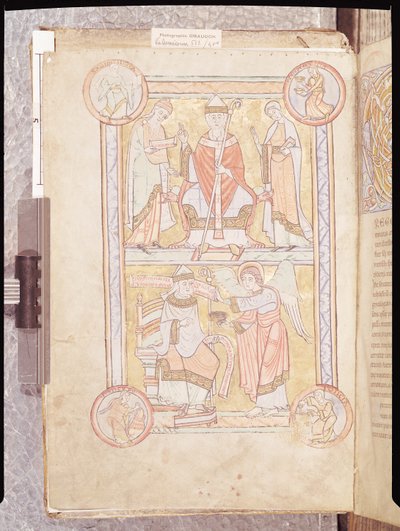 السيدة 512 fol.4v القديس غريغوريوس الكبير (c4040-604) بين والده ، غورديان ، ووالدته ، سيلفيا ورجل غارق كملاك ، من Liber Pastoralis بواسطة المدرسة الفرنسية