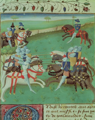 السيدة 527 f.5v تدريس الفرسان إلى Joust ، من Roman du Saint Graal بواسطة المدرسة الفرنسية