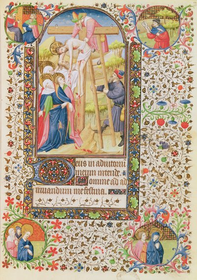 Ms 547 fol.32 النسب من الصليب ، من كتاب ساعات استخدمته امرأة من بواتييه بواسطة المدرسة الفرنسية