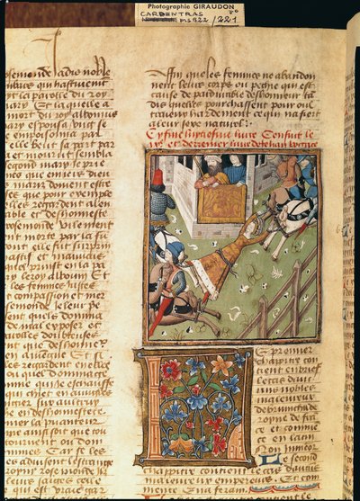 السيدة 622 fol.221v تعذيب برونهيلدا من ديس هومز إيضاحات ، 1460 بواسطة المدرسة الفرنسية