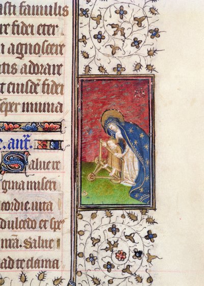 Ms 62 ، f.205r: Virgin and Child ، تفاصيل من كتاب الصلوات الفرنسي ، حوالي 1445-50 (ورق) بواسطة المدرسة الفرنسية