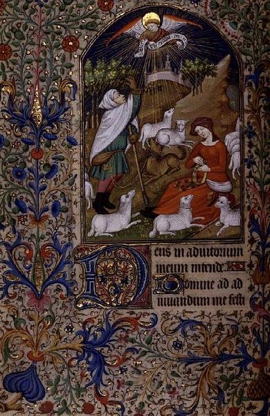 السيدة 63 f.60v يظهر الملاك لراعي ، امرأة تجلس تصنع إكليلًا ، من كتاب الصلوات ، حوالي 1460 (ورق) بواسطة المدرسة الفرنسية