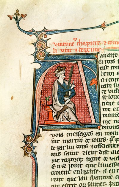 السيدة 682 fol.17v أولية تاريخية A تصور ملكًا جالسًا يحمل سيفًا ذا حدين بواسطة المدرسة الفرنسية