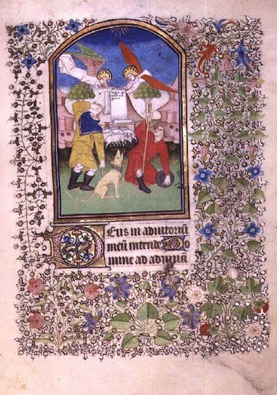 Ms 69 f.52r ملاكان يظهران للرعاة ، من كتاب الصلوات في بيزانكون (ورق) بواسطة المدرسة الفرنسية