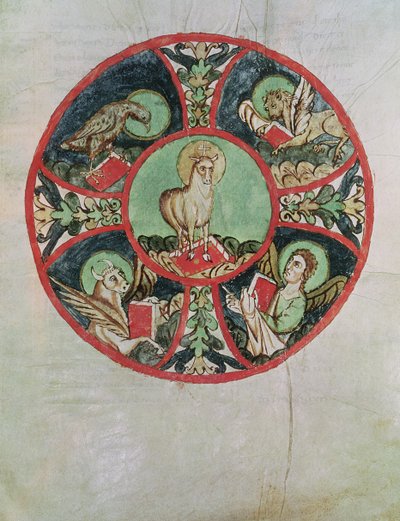 السيدة 69 fol.138v حمل الله محاط برموز الإنجيليين بواسطة المدرسة الفرنسية