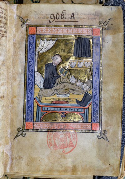 السيدة 753 Fol.9 Monk تكتب في سريره ، من فلوريس برناردي بقلم Guillaume de Tournai بواسطة المدرسة الفرنسية