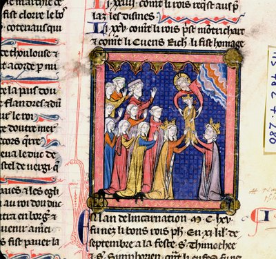 السيدة 782 f.280 الملك فيليب الثاني (1165-1223) من فرنسا ، من Chroniques de Saint-Denis ، أواخر القرن الثالث عشر بواسطة المدرسة الفرنسية