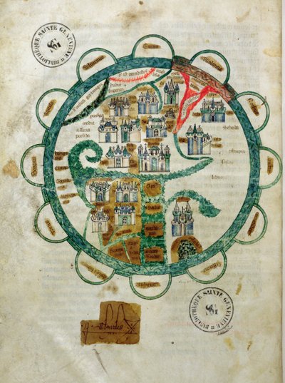 السيدة 782 fol.16v. خريطة للعالم على شكل كرة أرضية مصغرة من Grandes Chroniques de Philippe le Hardi بواسطة French School