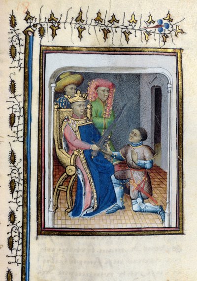 أعادت السيدة 814 تشارلز الخامس (1338-80) سيف كونستابل المرتفع إلى برتراند دو جوسكلين (1320-80) من هيستوار دو دو جوسكلين بعد قصيدة كوفيلييه ، أوائل القرن الخامس عشر بواسطة المدرسة الفرنسية