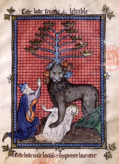 السيدة 870 Fol.8 وحش نهاية العالم السبعة الرؤوس الذي يولده المنافق وسحق القديس ، من La Somme le Roy بواسطة Frere Laurent ، مضاء بواسطة Maitre Honore بواسطة المدرسة الفرنسية