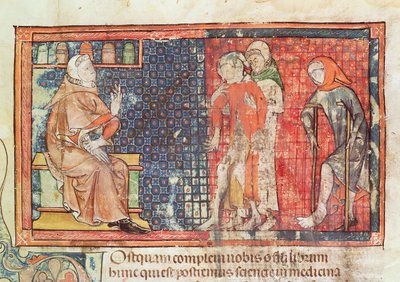 السيدة 89 Ter fol.95: رجل مريض ورجل معوق قدم إلى طبيب من مقالة لأبي القاسم خلف بن العباس الزهراوي (البوكاسيس) بواسطة المدرسة الفرنسية