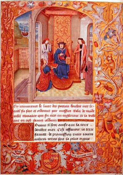 Ms 95 Fol.1 المؤلف يقدم كتابه إلى دوق بورغوندي ، من شعارات النبالة لأدولف دي كليف ، أوائل القرن الخامس عشر (ورق) بواسطة المدرسة الفرنسية