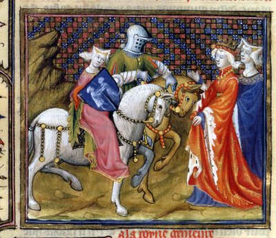 السيدة الاب. 120 لقاء سيدة البحيرة مع غينيفير ، من قصة لانسلوت في La Quite de Saint Graal بواسطة المدرسة الفرنسية