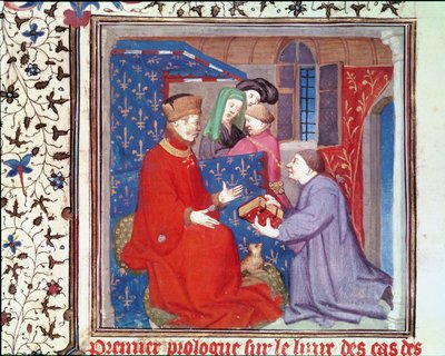 السيدة Fr 131 f.1 Jean (1340-1416) دوق بيري يتلقى مخطوطة من بوكاتشيو ، من Cas des Nobles Hommes et Femmes بقلم جيوفاني بوكاتشيو (1313-75) بواسطة المدرسة الفرنسية