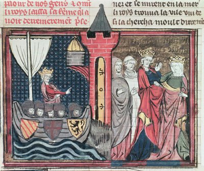 السيدة الأب 22495 Fol.101 بالدوين الأول عبور نهر الأردن والتخلي عن زوجته ، من Le Roman de Godefroi de Bouillon ، 1337 بواسطة المدرسة الفرنسية