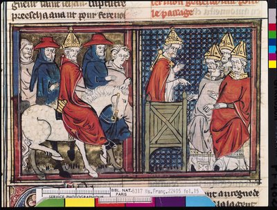 السيدة Fr 22495 Fol.15 مجلس كليرمون ووصول البابا أوربان الثاني (c.1035-99) إلى فرنسا ، من لو رومان دو جودفروي دي بوالون ، 1337 بواسطة المدرسة الفرنسية
