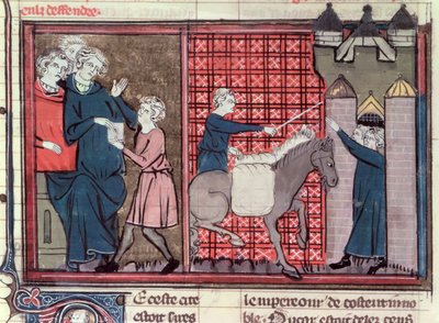 السيدة Fr 22495 Fol.37v رسول يُرسَل لإنقاذ أنطاكية ، من Le Roman de Godefroi de Bouillon ، 1337 بواسطة المدرسة الفرنسية