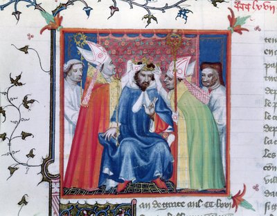 السيدة الأب 2608 صفحة 335v تتويج فيليب الثالث (1245-85) ، من Grandes Chroniques de France ، c.1400 بواسطة المدرسة الفرنسية