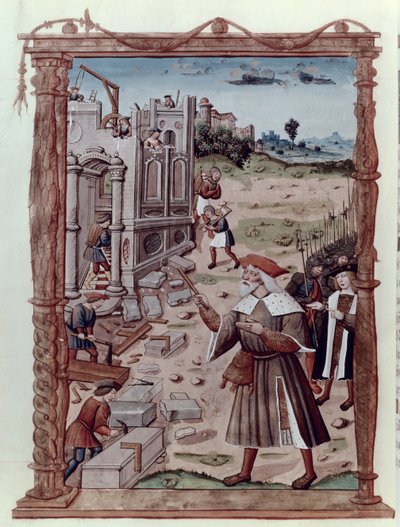 السيدة Fr 2820 fol.115v Charlemagne (742-814) توجيه بناء Aix-la-Chapelle من Recueil Sommaire des Chroniques Francaises بواسطة Guillaume Cretin (1460-1525) بواسطة المدرسة الفرنسية