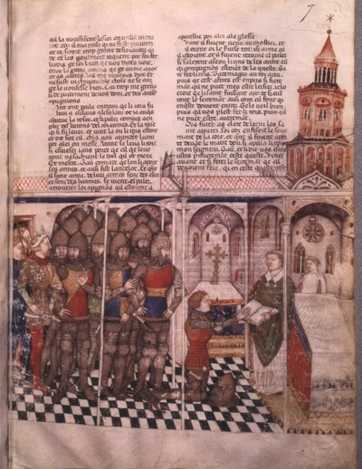 Ms Fr 343 fol. 7 البحث عن الكأس المقدسة وموت آرثر يؤدي اليمين بواسطة المدرسة الفرنسية