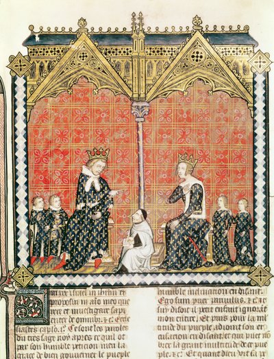 السيدة Fr 437 fol.1 الملك تشارلز الخامس (1338-80) وجين دي بوربون (1338-77) مع أطفالهما ، من مكاتب Rational des Divins بقلم غيوم دوراند (1230-96) 1374 بواسطة المدرسة الفرنسية