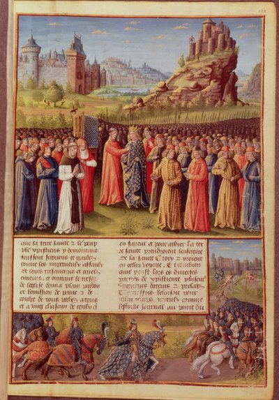 السيدة 5594 ص .138 القديس برنارد (c.1090-1153) من كليرفو يبشر بالحملة الصليبية الثانية بحضور الملك لويس السابع (c.1120-80) من فرنسا في Vezelay عام 1146 ، من Passits faits Outremer بواسطة المدرسة الفرنسية