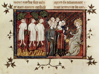 السيدة الاب. 5716 fol.246 سانت لويس النطق بالحكم وإدانة Enguerrand de Coucy (1228-1311) لتعليق ثلاثة نبلاء شباب ، من Life and Miracles of St. Louis ، c.1330-40 بواسطة المدرسة الفرنسية