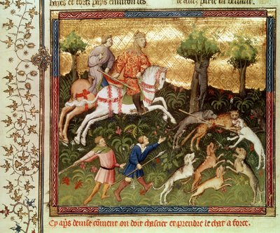 السيدة Fr 616 fol.101 الكلاب تهاجم النمر ، من كتاب كتبه Gaston Phebus de Foix (1331-91) بواسطة المدرسة الفرنسية