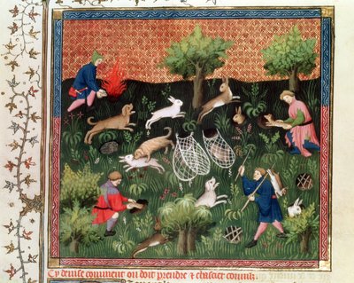 السيدة Fr 616 fol.92 صيد الأرانب ، من ليفر دي لا تشاس بقلم غاستون فيبوس دي فويكس (1331-91) ، أواخر القرن الخامس عشر بواسطة المدرسة الفرنسية