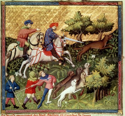 السيدة Fr 616 fol.96v Wolf hunt ، من كتاب لـ Gaston Phebus de Foix (1331-91) بواسطة المدرسة الفرنسية