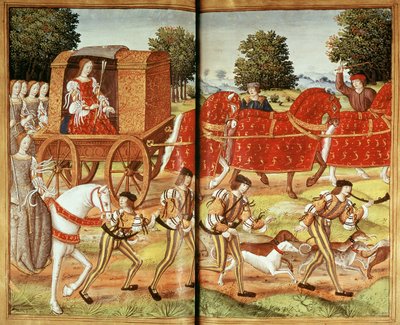 السيدة الاب 874 f.31v A Hunt ، رسم توضيحي من رسائل Ovids بواسطة المدرسة الفرنسية