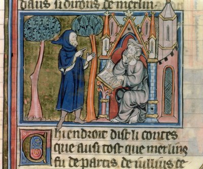 السيدة الاب. 95 f.268 ميرلين يملي القصة لبليز ، من lHistoire de Merlin ، c.1280-90 بواسطة المدرسة الفرنسية