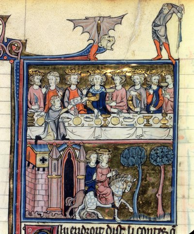 السيدة 95 ص 326 الملك آرثر وفرسانه حول الطاولة ، من هيستوار دي ميرلين ، c.1280-90 بواسطة المدرسة الفرنسية