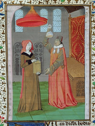 السيدة H 7 fol.164r طبيب يفحص بول سانت إليزابيث لمعرفة ما إذا كانت حاملاً ، من كتاب جان الثاني والعشرين بواسطة المدرسة الفرنسية