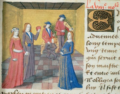 السيدة Hunter 252 f.19r الموسيقى والمغازلة ، من Les Cent Nouvelles Nouvelles ، 1462 بواسطة المدرسة الفرنسية