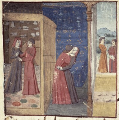 السيدة Hunter 252 f.27v Kissing ، من Les Cent Nouvelles Nouvelles ، 1462 بواسطة المدرسة الفرنسية