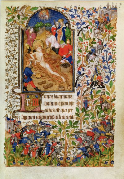 Ms Lat 1156b fol. 171 استشهاد القديس لورانس ، من ساعات مارغريت دورليانز ، 1426 بواسطة المدرسة الفرنسية